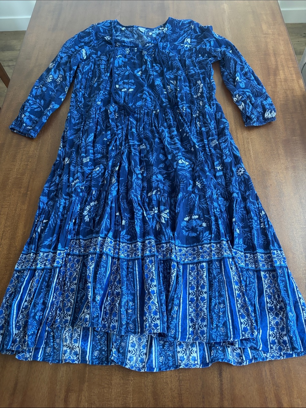 aerie Blue Floral Midi Dress with Tiered Skirt